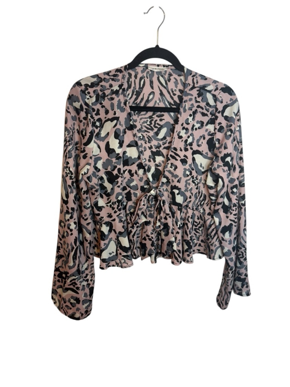 Carole Christian Pink Animal Print Tie Front Peplum Blouse